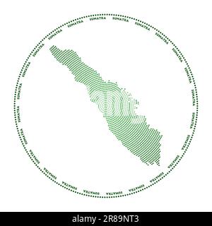 Sumatra round logo. Digital style shape of Sumatra in dotted circle with island name. Tech icon of the island with gradiented dots. Attractive vector Stock Vector