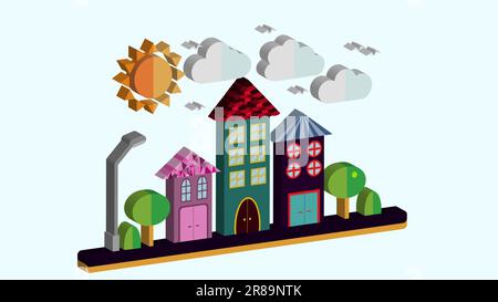 City landscape in three-dimensional flat style. The city with houses with sloping roof and various beautiful tiles with a lantern sun-shining clouds a Stock Vector