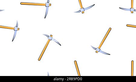Texture, seamless abstract pattern of construction miner pickaxe with a wooden handle for repair, mining, excavation on a white background. Vector ill Stock Vector