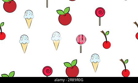 Seamless endless pattern of different delicious hearty ice cream berries fast food sweets on a white background. Texture. Stock Vector
