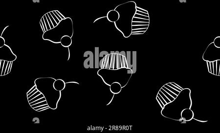 Seamless cute black and white cupcake doodle pattern. It includes yummy deserts with icing, cherry, strawberry, cream. Stock Vector