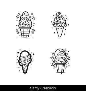Hand Drawn vintage ice cream shop logo in flat line art style isolated on background Stock Vector
