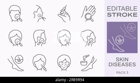 Skin diseases icons, such as psoriasis, sunburn, rosacea, bruise and more. Editable stroke. Stock Vector
