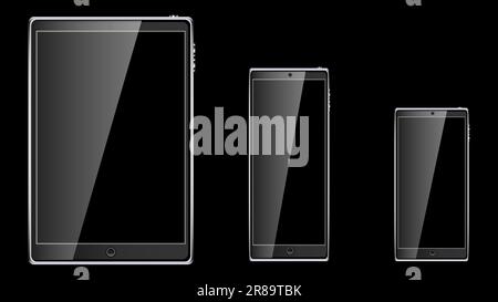 Set of black realistic tablet computer mobile touch smart mobile phone, smartphone with glossy blank empty screen isolated on black background. Vector Stock Vector