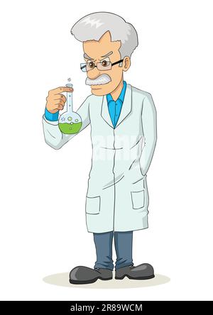 Cartoon illustration of a professor holding a lab tube Stock Vector