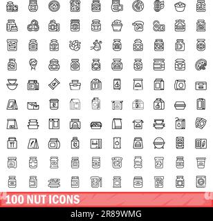 100 nut icons set. Outline illustration of 100 nut icons vector set isolated on white background Stock Vector