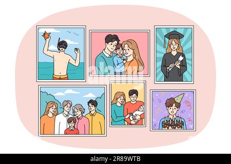 Set of family pictures in frames hanging on wall. Collection of photographs of parents and children during important memorable life moments. Memory in photo. Vector illustration. Stock Vector
