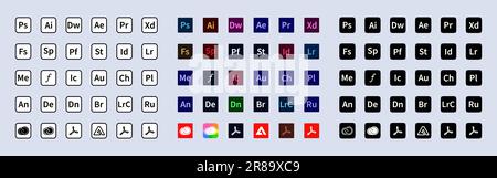 Adobe product. Logotype set of adobe products: adobe, illustrator, photoshop, creative cloud, after effects, lightroom Editorial vector illustration Stock Vector