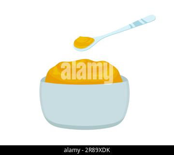 Bowl with mustard isolated on white background. Stock Vector