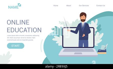 Online education, home schooling concept. Banner for Landing page. Male teacher on laptop screen. Vector illustration. Flat cartoon style design Stock Vector