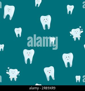 Vector dental seamless pattern: white teeth on green background. cute teeth - for kid dental design. flat. Stock Vector