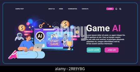man playing computer video games with ai helper bot game artificial intelligence technology concept Stock Vector