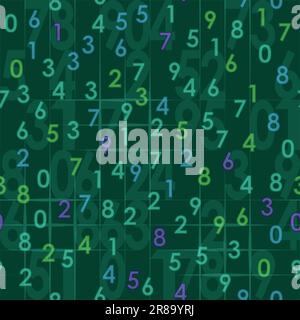 Seamless vector pattern on a dark green background with numbers of different colors and sizes Stock Vector