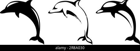 Dolphins. Set of black silhouettes of dolphins isolated on a white background. Vector illustration Stock Vector