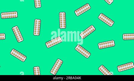 Seamless pattern endless texture of yellow round medical medicinal pharmaceutical pills tablets in packaging plates on a turquoise background. Vector Stock Vector