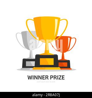Winners podium with trophy cups isolated on white. Vector award nomination background. Stock Vector