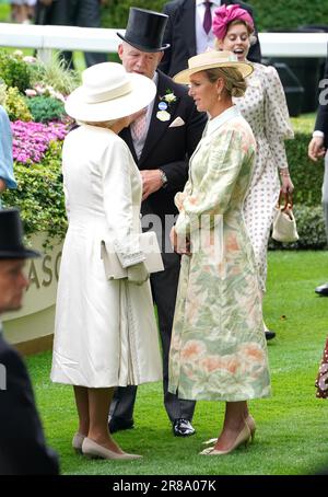 Zara Tindall (right) and Mike Tindall speaks with Queen Camilla during day one of Royal Ascot at Ascot Racecourse, Berkshire. Picture date: Tuesday June 20, 2023. Stock Photo