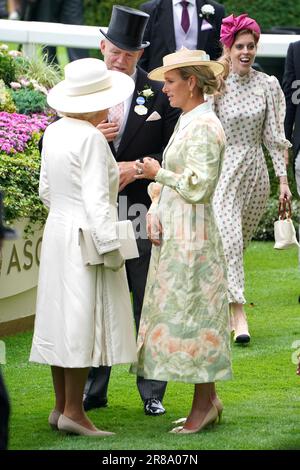 Zara Tindall (right) and Mike Tindall speaks with Queen Camilla during day one of Royal Ascot at Ascot Racecourse, Berkshire. Picture date: Tuesday June 20, 2023. Stock Photo