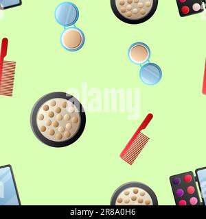 A seamless pattern of cosmetics with lipstick, nail polish, mascara, hairbrush, face cream, eye shadow, perfume, hair dryer. Stock Vector