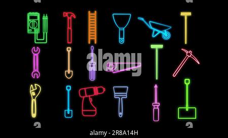 Set of bright glowing multicolored construction industrial neon signs for shop workshop service center beautiful shiny with items icons of repair tool Stock Vector