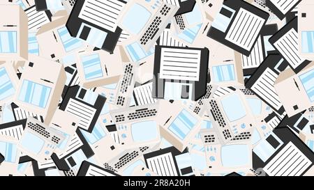 Seamless pattern endless computer with old retro computers, pc and vintage white hipster floppy disks from 70s, 80s, 90s isolated on white background. Stock Vector