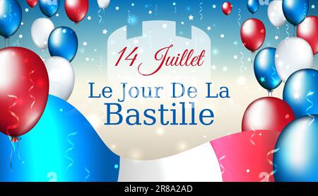 Banner 14 july bastille day in france. French waving flag, multicolor balloons. Background with flying tricolor flag and confetti. French national Stock Vector