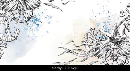 Marine animals with anchor, rudder and lifebuoy. Illustration of hand drawn graphics, vector in EPS format. Template, frame on white background Stock Vector