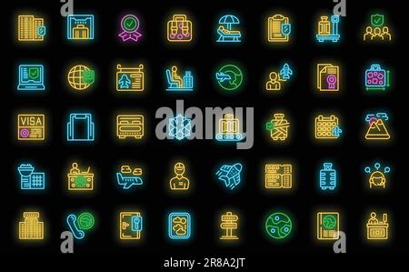 Travel agent icons set outline vector. Abroad journey. Go tourism neon color on black Stock Vector
