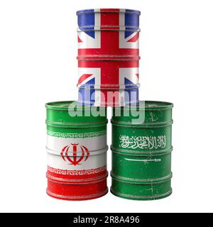 Old Oil Drums with United Kingdom, Iran and Saudi Arabia national flags. 3D Rendering Stock Photo