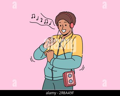 African American man in retro clothes with cassette player on belt listens to music in old-fashioned headphones. Ethnic hippie guy from 90s dances to reggae music playing in tape recorder Stock Vector