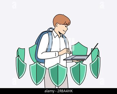 Boy with laptop is learning cyber protect and installing antivirus software standing among green shields. School student uses apps to cyber protect personal data from hackers or viruses Stock Vector
