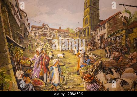 England, Dorset, Shaftesbury, Gold Hill Museum, Painting depicting Life on Gold Hill before 1827 by Janet Swiss Stock Photo