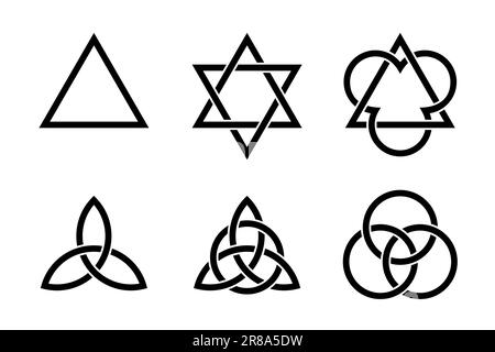 Trinity symbols. Ancient Christian and symbols, formed by interlaced triangles, Celtic triquetras, and circles. Stock Photo