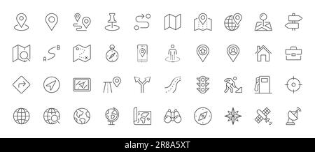 Navigation line icons set. Road trip path, trail, home marker, journey, compass, globe, country, geography, tourism visualization vector illustration Stock Vector