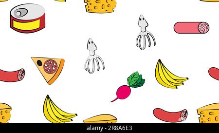Endless white seamless pattern from a set of icons of delicious food and snacks items for a restaurant bar cafe: sausage, bananas, radish, squid, chee Stock Vector