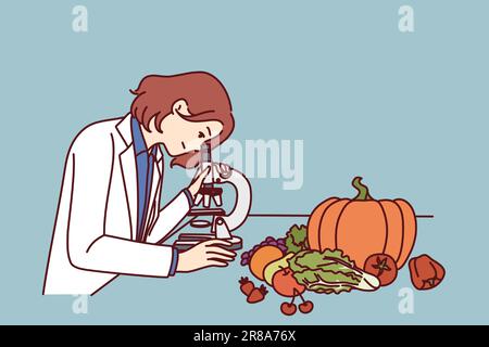 Checking quality of food in laboratory by woman using microscope to look for nitrates and pesticides. Girl scientist controls quality of products of grocery store and works in field of food technology Stock Vector