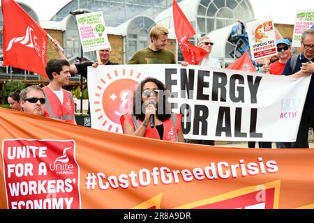 London, UK. 20th June, 2023. Unite the Union protest at the Energy Company Profiteers Meeting. And Debt Justice 12 million Brits are in debt about 1 in 5 people in the UK protest against the energy profiteer at the Business Design Centre. Demonstrators scream Take The Power Back - STOP The Energy Rip Off energy back to public ownership. Credit: See Li/Picture Capital/Alamy Live News Stock Photo