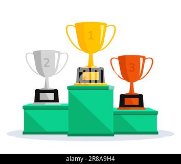 Winners podium with trophy cups and confetti. Vector award nomination background. Stock Vector