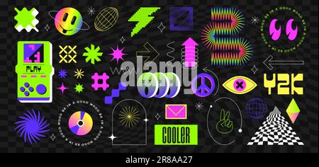 Vintage stickers, frames and geometric brutalism shape graphic design in y2k style. Set of abstract vector elements and symbols isolated on black background. Retro neon figure, labels and objects. Stock Vector