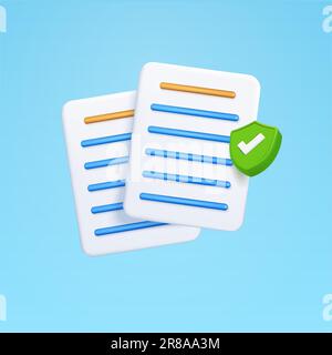 3d documents, contracts with checkmark, isolated on background. Design concept for electric contract, report, cloud documents, safety. 3d vector illustration. Vector illustration Stock Vector
