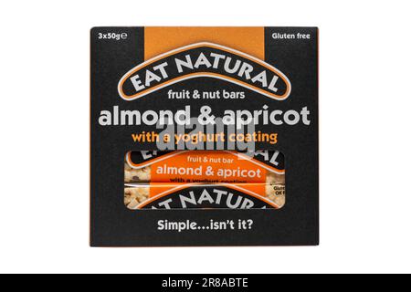 Box of Eat Natural fruit & nut bars almond & apricot with a yoghurt coating gluten free and OK for Veggies isolated on white background Stock Photo