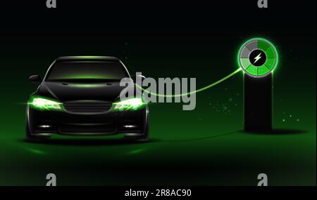 3d realistic vector icon. Hybrid car on charging station. Stock Vector