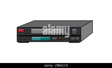 Gray old vintage retro hipster antique video recorder for videotapes for watching movies, video with lots of buttons from the 80's, 90's on a white ba Stock Vector