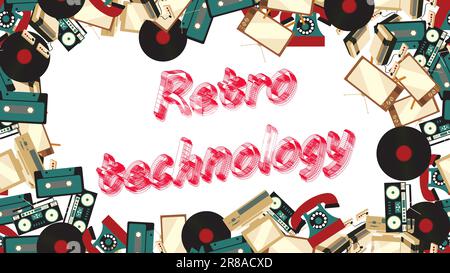 Frame of old vintage retro electronics from TVs, cassette tape recorders, vinyl records, computers, game consoles, phones from the 70's, 80's, 90's wi Stock Vector