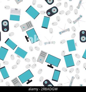 Seamless pattern, texture from modern digital devices, gadgets, tablets, smartphones, mice, speakers, monitors, laptops, routers for internet, compute Stock Vector