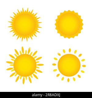 Set of Vector yellow Sun Shining and light rays Isolated on white background. Summer, sunlight, nature, sky. Vector illustration isolated on white bac Stock Vector