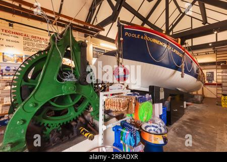 England, Dorset, Poole, Lifeboat Museum, Interior View of Historic Lifeboat Stock Photo