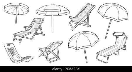 Cartoon set of doodle sun loungers and parasols. Summer beach objects vector funny illustration. Stock Vector