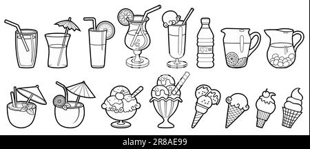 Cartoon set of doodle beverages, ice cream, fruits. Summer beach food and drinks vector funny illustration Stock Vector