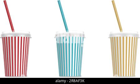 3d realistic vector icon. Plastic destosable colorful set of cups with straws. Isolated on white background. Stock Vector